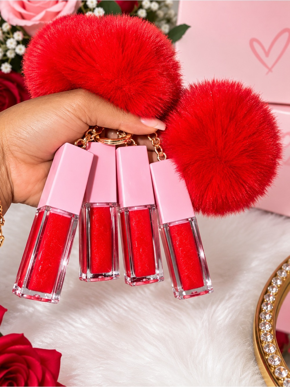 Red Pom Keychain with Lip Gloss Charms - Pink Caps lipgloss